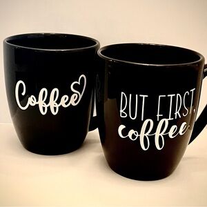 Pair of Black Coffee Mugs "But First, Coffee"